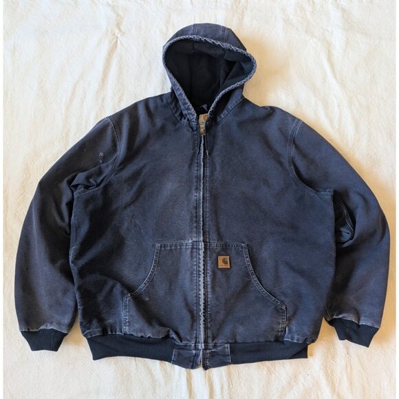 Carhartt Vintage 90s Faded Navy Hooded Thermal Lined Canvas Jacket J25MDT 2XLT - Picture 2 of 9
